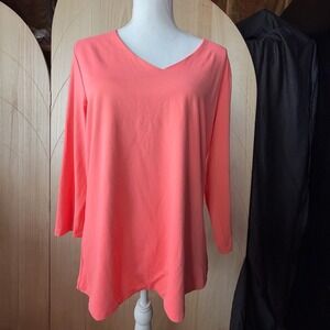 Judy P Top Womens XL Coral Pink Relaxed Fit V-Neck 3/4 Sleeve Microfiber Stretch